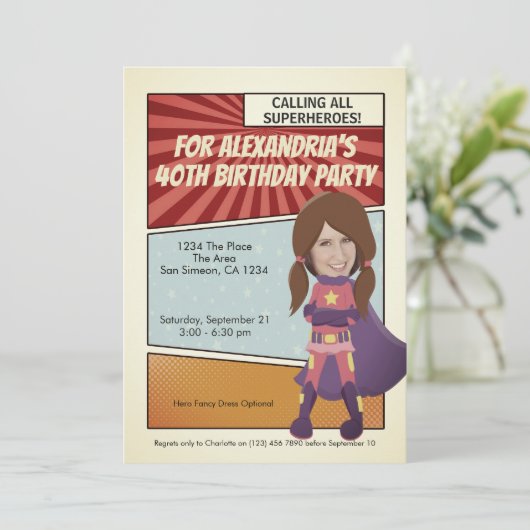 Superheld Old Comic Birthday Party (brunette) Kaart (Staand voorkant)