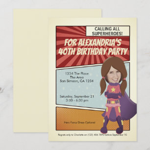 Superheld Old Comic Birthday Party (brunette) Kaart