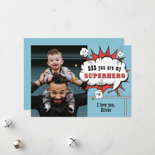 Superheld Papa Comic Spreekballon Foto  Feestdagenkaart (Voorkant / Achterkant in situ)
