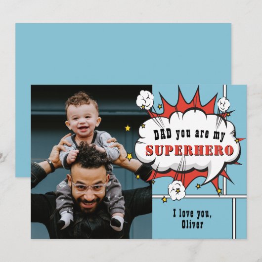Superheld Papa Comic Spreekballon Foto  Feestdagenkaart (Voorkant / Achterkant)