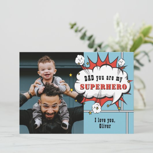 Superheld Papa Comic Spreekballon Foto  Feestdagenkaart (Staand voorkant)
