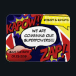 Superheld Parody Save the Date Wedding Magneet<br><div class="desc">Een coole,  grappige en trendy 'Save the Date' trouwmagneet. Vette en levendige kleuren,  stripverhalen en de boodschap "We combineren onze superkrachten" Voeg datum en namen toe.</div>