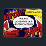Superheld Parody Save the Date Wedding Magneet<br><div class="desc">Een coole,  grappige en trendy 'Save the Date' trouwmagneet. Vette en levendige kleuren,  stripverhalen en de boodschap "We combineren onze superkrachten" Voeg datum en namen toe.</div>