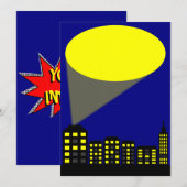 Superheld Party Invitation - Cityscape & Spotlight Kaart (Voorkant / Achterkant)