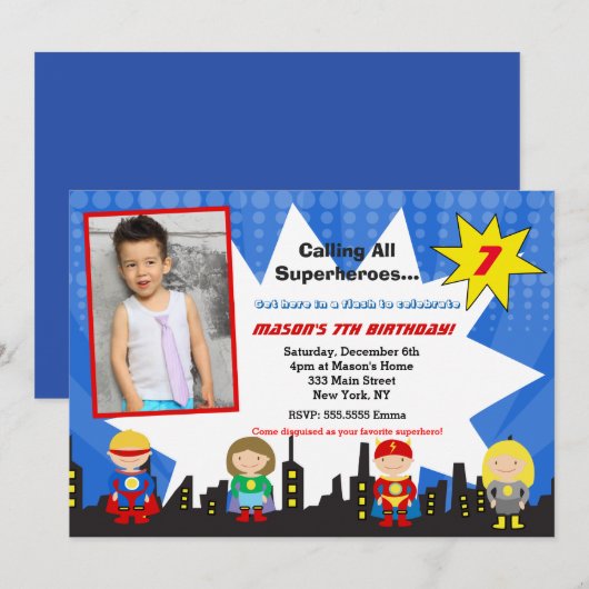 Superheld Photo Birthday Party Invitations Kaart (Voorkant / Achterkant)