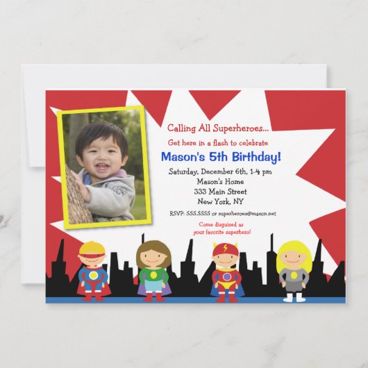 Superheld Photo Birthday Party Invitations Kaart (Voorkant)