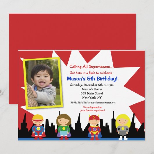 Superheld Photo Birthday Party Invitations Kaart (Voorkant / Achterkant)