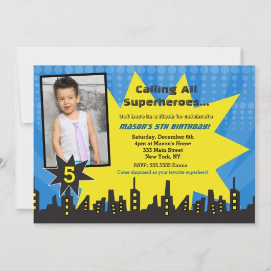 Superheld Photo Birthday Party Invitations Kaart (Voorkant)