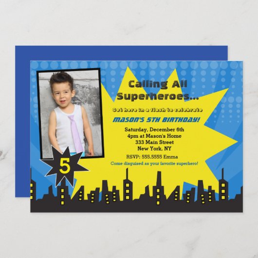 Superheld Photo Birthday Party Invitations Kaart (Voorkant / Achterkant)