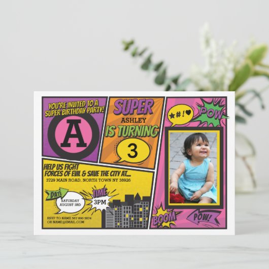 Superheld Pink Girl's uitnodiging Super Hero Invit (Staand voorkant)