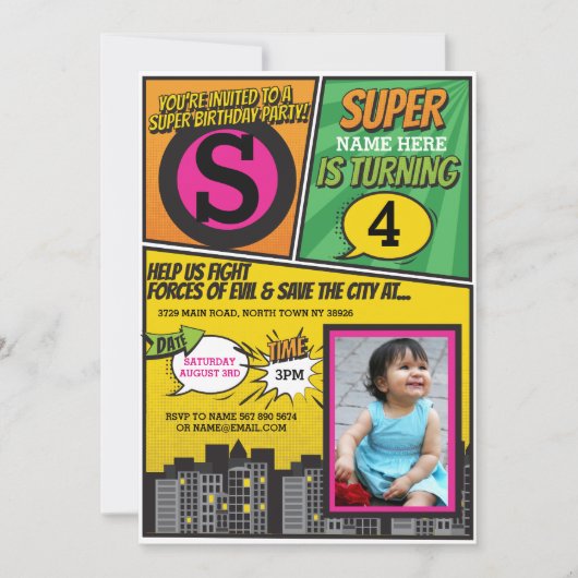 Superheld Pink Girl's uitnodiging Super Hero Invit (Voorkant)