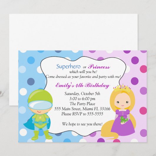 Superheld Princess Invitation Kids Birthday Party Kaart (Voorkant / Achterkant)