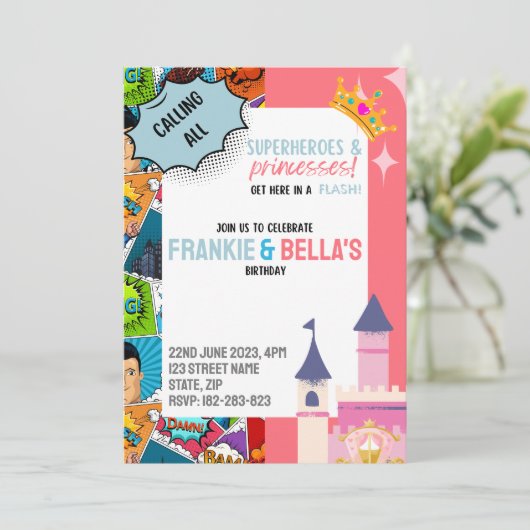 Superheld & Prinses Aangepaste Verjaardag Uitnodig Kaart (Staand voorkant)