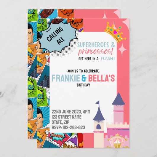 Superheld & Prinses Aangepaste Verjaardag Uitnodig Kaart (Voorkant / Achterkant)