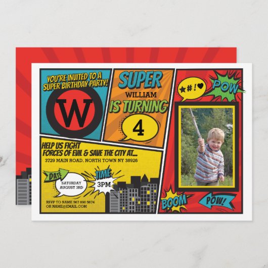 Superheld Red Blue Uitnodiging Super Hero Uitnodig (Voorkant / Achterkant)