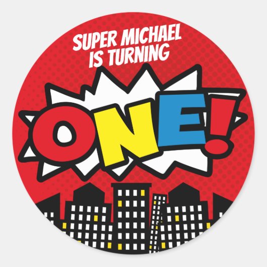 Superheld Stickers, Birthday Party Decor, RED Ronde Sticker (Voorkant)