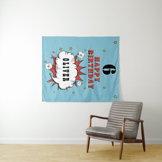 Superheld strip spraakballon jongen verjaardagsfee wandkleed (In Situ (horizontaal))