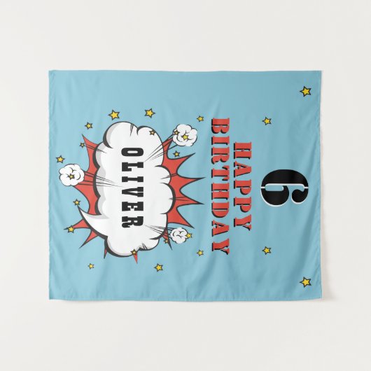 Superheld strip spraakballon jongen verjaardagsfee wandkleed (Voorkant (horizontaal))