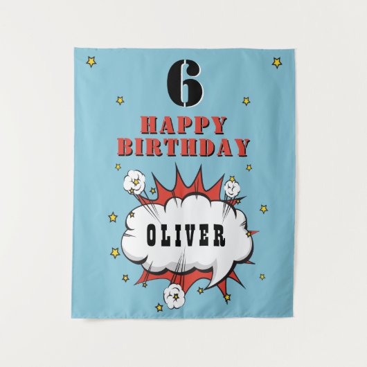 Superheld strip spraakballon jongen verjaardagsfee wandkleed (Voorkant)