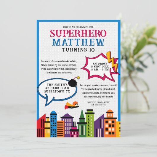 Superheld stripboek jongens verjaardag kaart (Staand voorkant)