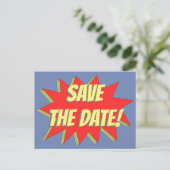 Superheld stripboek save the date aankondigingskaart (Staand voorkant)