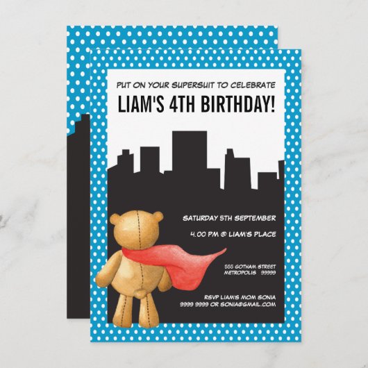 Superheld stripboek Teddy Boys Verjaardag Uitnodig Kaart (Voorkant / Achterkant)