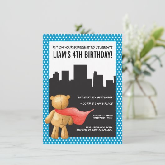 Superheld stripboek Teddy Boys Verjaardag Uitnodig Kaart (Staand voorkant)