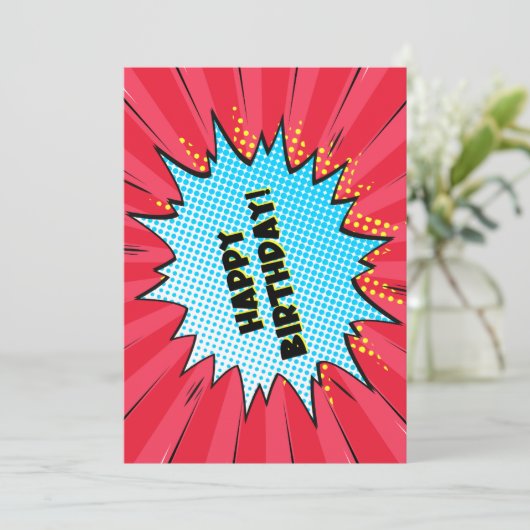 Superheld stripkaart met verjaardagskaart feestdagenkaart (Staand voorkant)