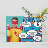 Superheld Strips Geboren Feestje Blauwe Foto Uitno Kaart (Staand voorkant)