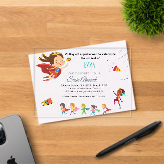 Superheld-Thema Baby Meisje Shower Acryl Uitnodigingen