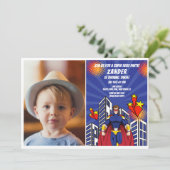 Superheld thema foto jongens 3e verjaardagsfeest kaart (Staand voorkant)