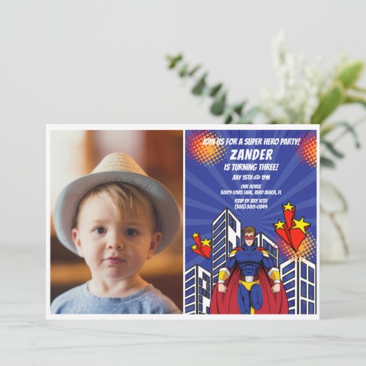 Superheld thema foto jongens 3e verjaardagsfeest kaart (Staand voorkant)