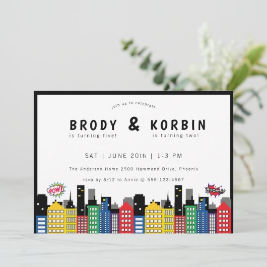 Superheld thema gezamenlijke verjaardag kaart (Staand voorkant)