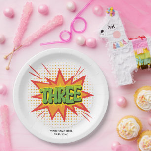 Superheld Thema Tekst Elegante kinder 3e verjaarda Papieren Bordje