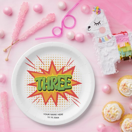 Superheld Thema Tekst Elegante kinder 3e verjaarda Papieren Bordje (Feest)