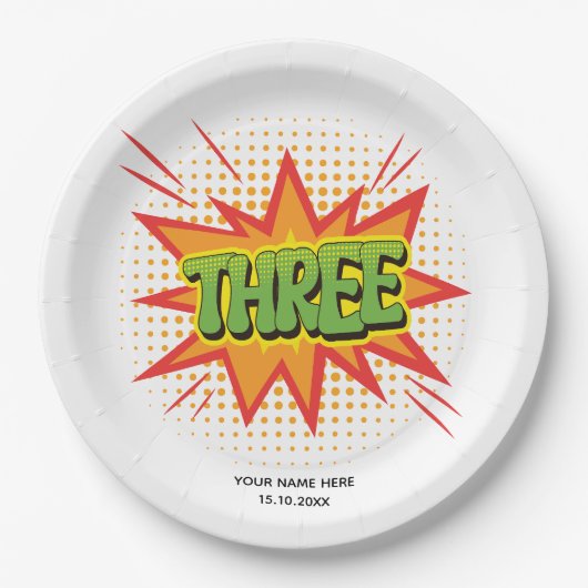 Superheld Thema Tekst Elegante kinder 3e verjaarda Papieren Bordje (Voorkant)