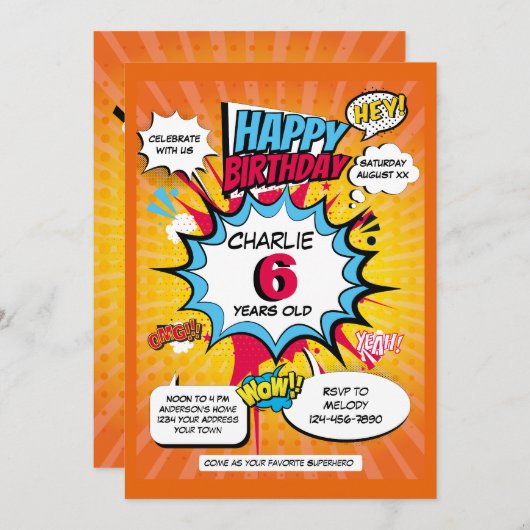 Superheld thema Verjaardag uitnodiging (Voorkant / Achterkant)