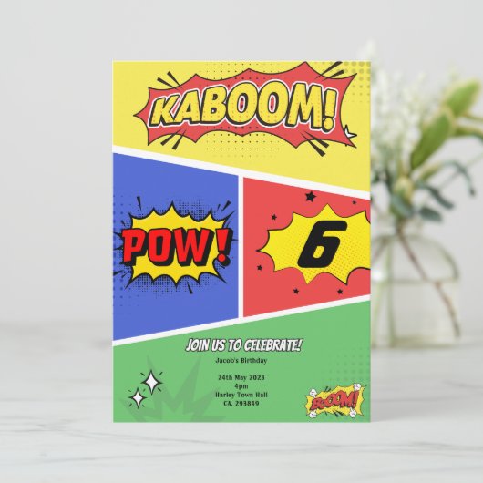 Superheld thema verjaardag uitnodigingen feest (Staand voorkant)