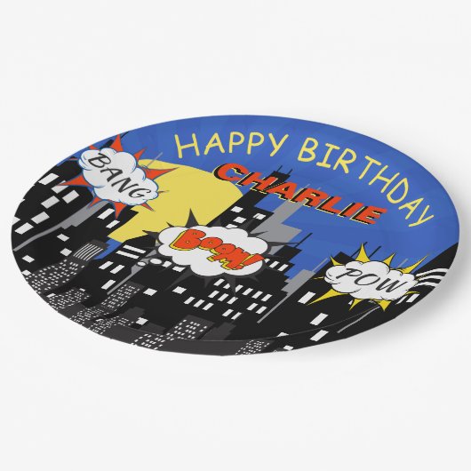 Superheld Theme Birthday Papieren Bordje (Gekanteld)