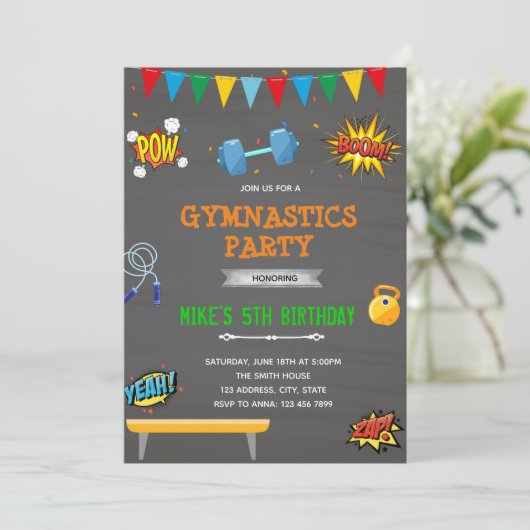 Superheld turnvereniging feestelijke uitnodiging (Staand voorkant)