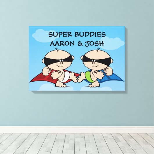 Superheld Twin Boys Gepersonaliseerde Canvas kunst (Insitu (Houten vloer))