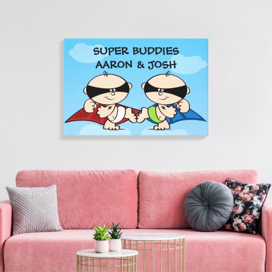 Superheld Twin Boys Gepersonaliseerde Canvas kunst (Insitu (Woonkamer))