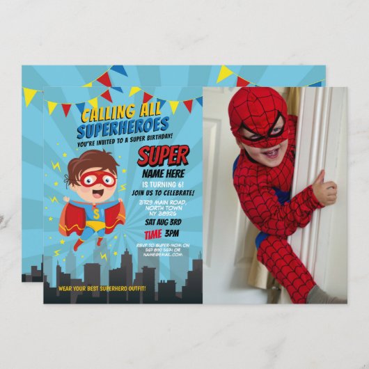 Superheld Uitnodiging Jongens Blauwe Foto Super Pa (Voorkant / Achterkant)