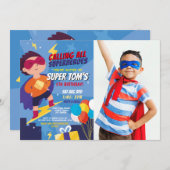 Superheld Uitnodiging Jongens Blauwe Foto Super Pa (Voorkant / Achterkant)