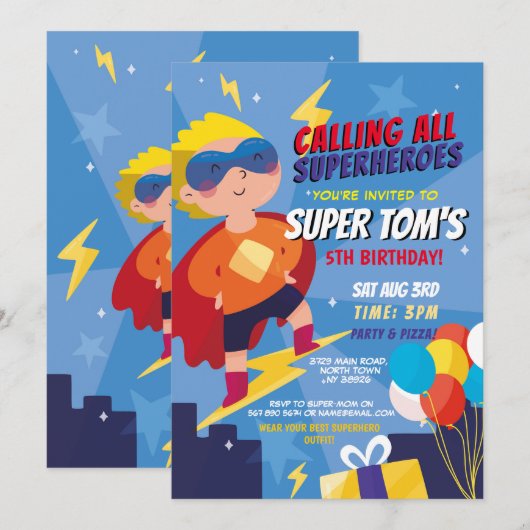 Superheld Uitnodiging Jongens Blauwe Sterren Super (Voorkant / Achterkant)