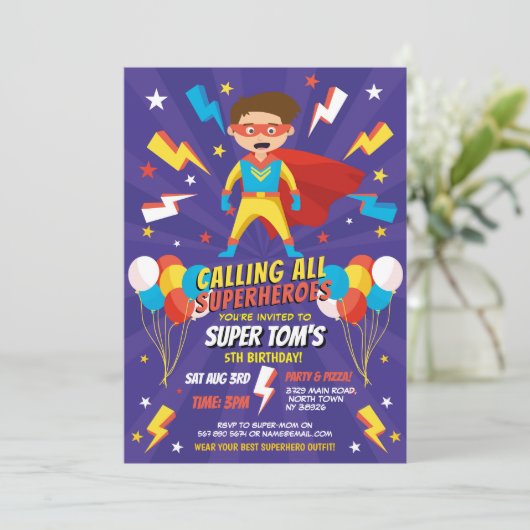 Superheld Uitnodiging Jongens Blauwe Sterren Super (Staand voorkant)
