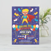 Superheld Uitnodiging Jongens Blauwe Sterren Super (Staand voorkant)