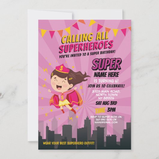 Superheld Uitnodiging Roze Meisjes Super Party (Voorkant)