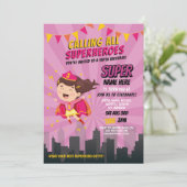 Superheld Uitnodiging Roze Meisjes Super Party (Staand voorkant)