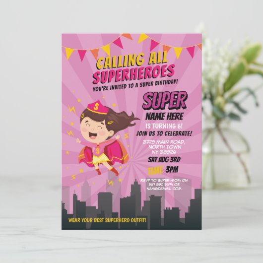 Superheld Uitnodiging Roze Meisjes Super Party (Staand voorkant)
